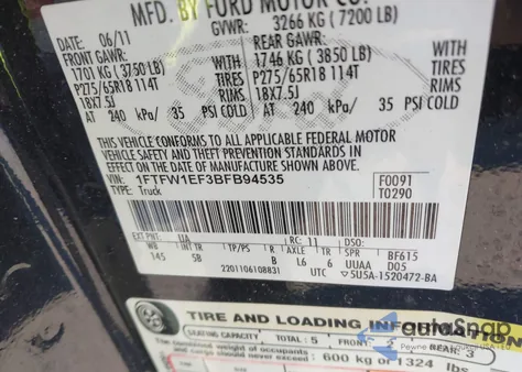 2011 Ford F-150 Fx4 из США, поврежденный, VIN 1FTFW1EF3BFB94535